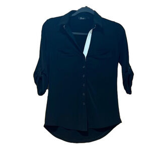 Strazzi Black Button Down V Neck Three Quarter Sleeve Shirt Small